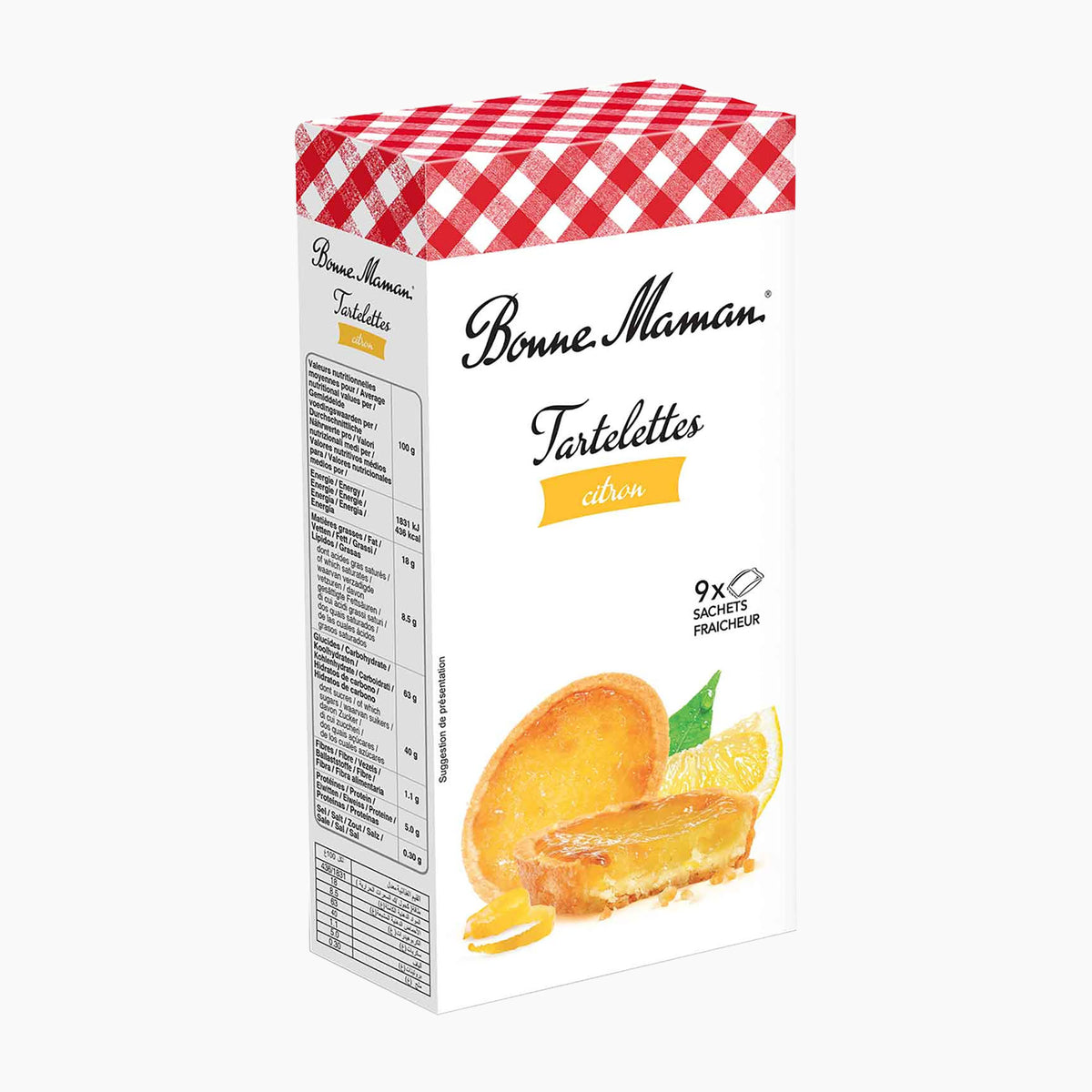 A carton of Bonne Maman Tartelettes citron lemon pastries on a clean white background. The packaging features a red and white gingham pattern on the lid, with illustrations of an lemon pastries and lemon slices on a white box.