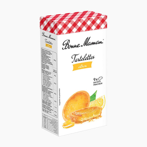 A carton of Bonne Maman Tartelettes citron lemon pastries on a clean white background. The packaging features a red and white gingham pattern on the lid, with illustrations of an lemon pastries and lemon slices on a white box.