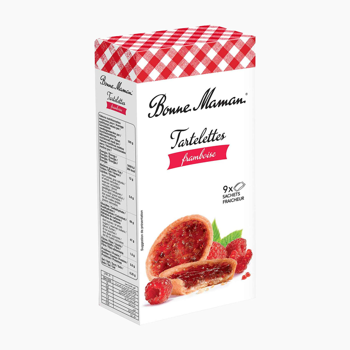 A package of Bonne Maman Tartelettes Framboise (raspberry tartlets) shown at a three-quarter angle on a clean white background. The packaging is white with a red and white gingham pattern on the top, featuring the Bonne Maman brand name and an illustration of two filled tartlets with raspberries.