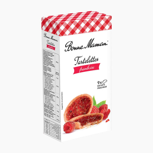 A package of Bonne Maman Tartelettes Framboise (raspberry tartlets) shown at a three-quarter angle on a clean white background. The packaging is white with a red and white gingham pattern on the top, featuring the Bonne Maman brand name and an illustration of two filled tartlets with raspberries.