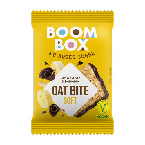 Yellow package of Boom Box Oat Bite Soft Chocolate & Banana snack on a white background