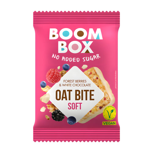 Pink package of Boom Box Oat Bite Soft snack with forest berries and white chocolate on a white background