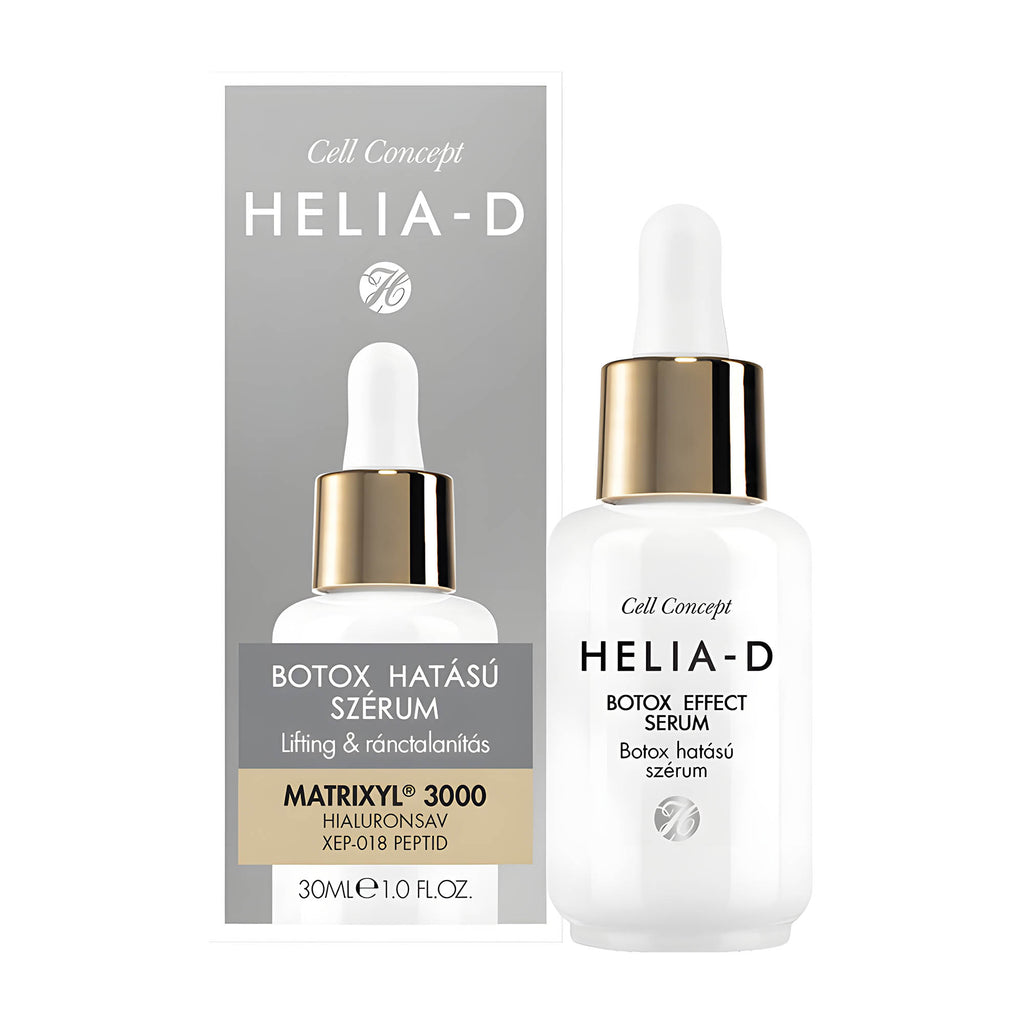 Packaging of HELIA-D Cell Concept Botox Effect lifting and anti-wrinkle serum, featuring a white bottle with a dropper and a label indicating the product is suitable for face use.