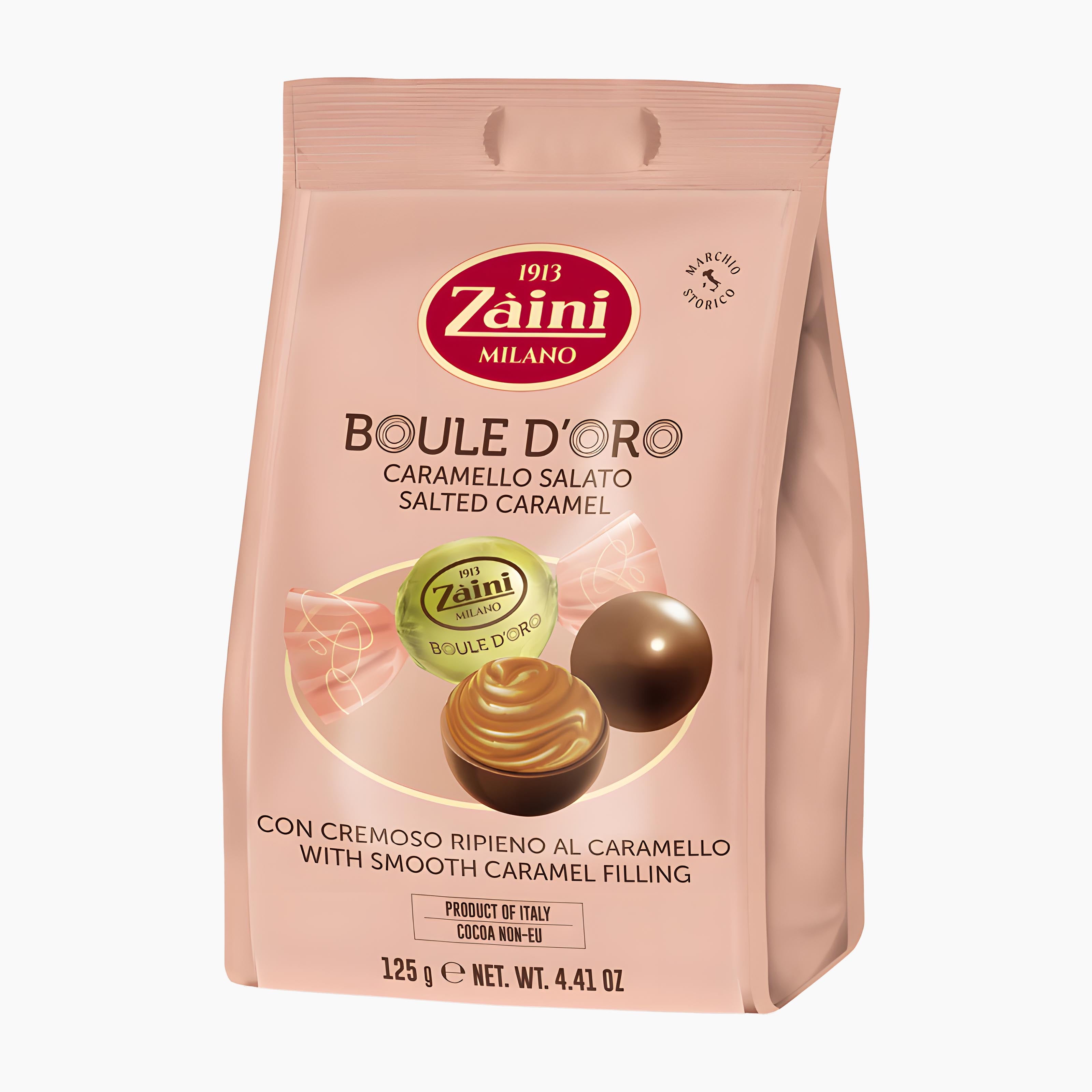 Zaini Milano Boule D'Oro Caramello Salato (salted caramel) pralines in a 125g (4.41 oz) pink resealable stand-up pouch, shown against a plain white background.
