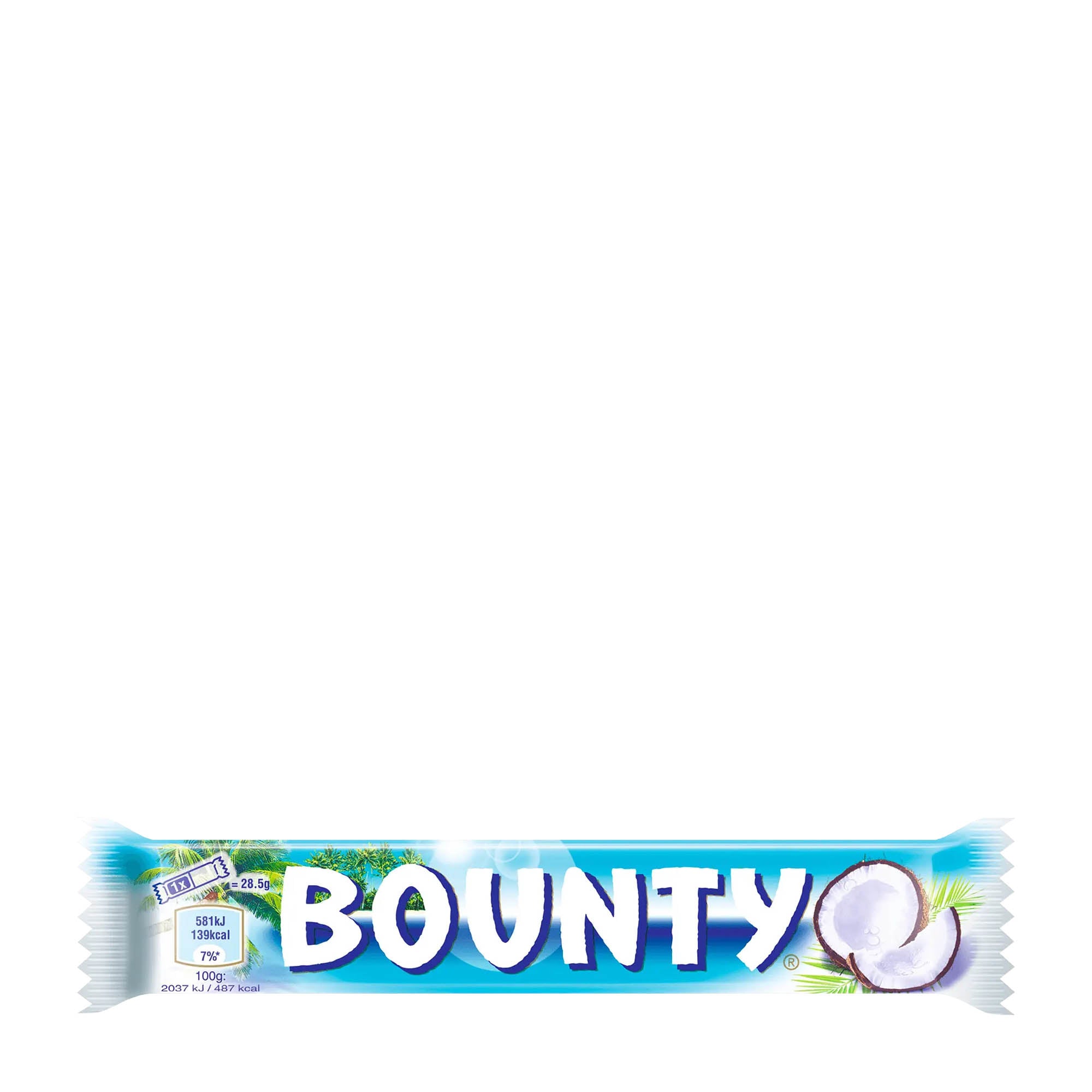 A packaged Bounty chocolate bar with coconut milk chocolate flavor, featuring the brand name 'Bounty' prominently displayed on the packaging along with images of coconuts.