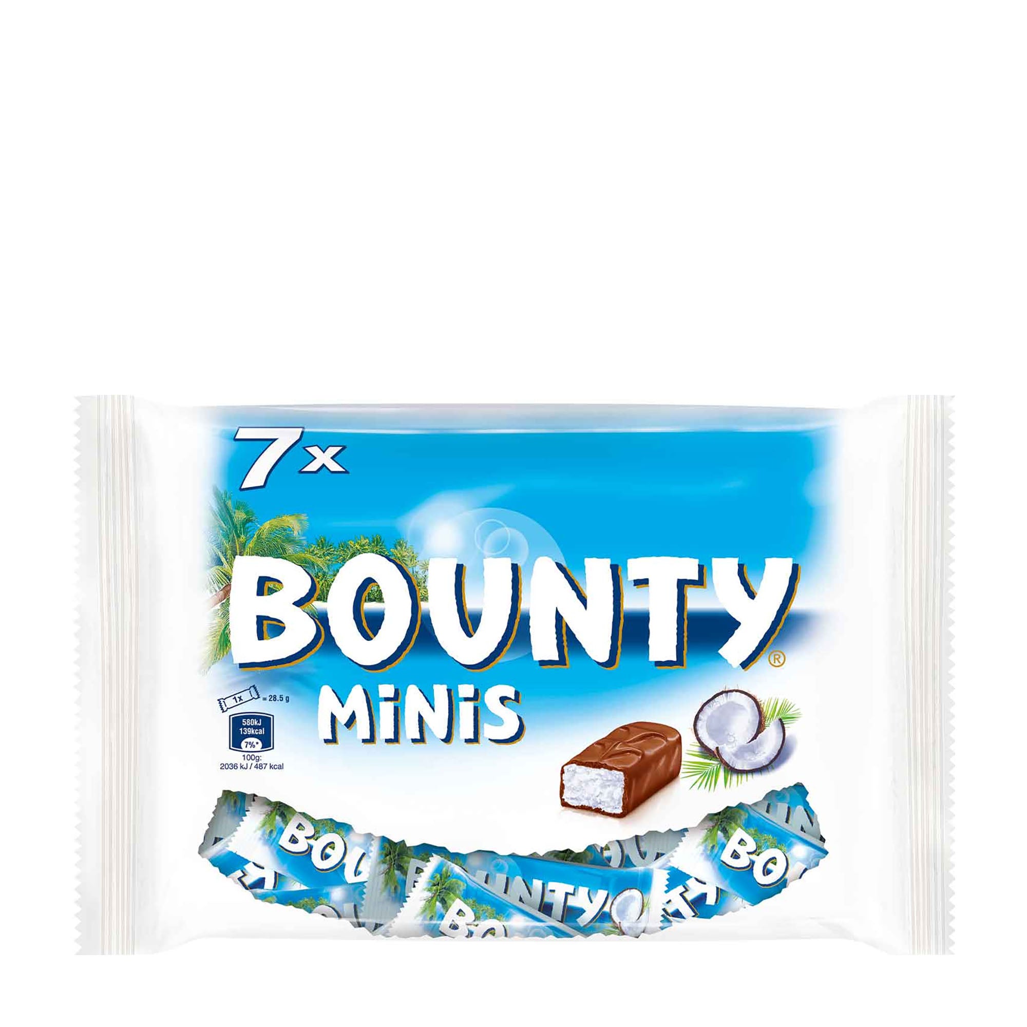 Packaging of Bounty Minis chocolate bars with a blue and white design.