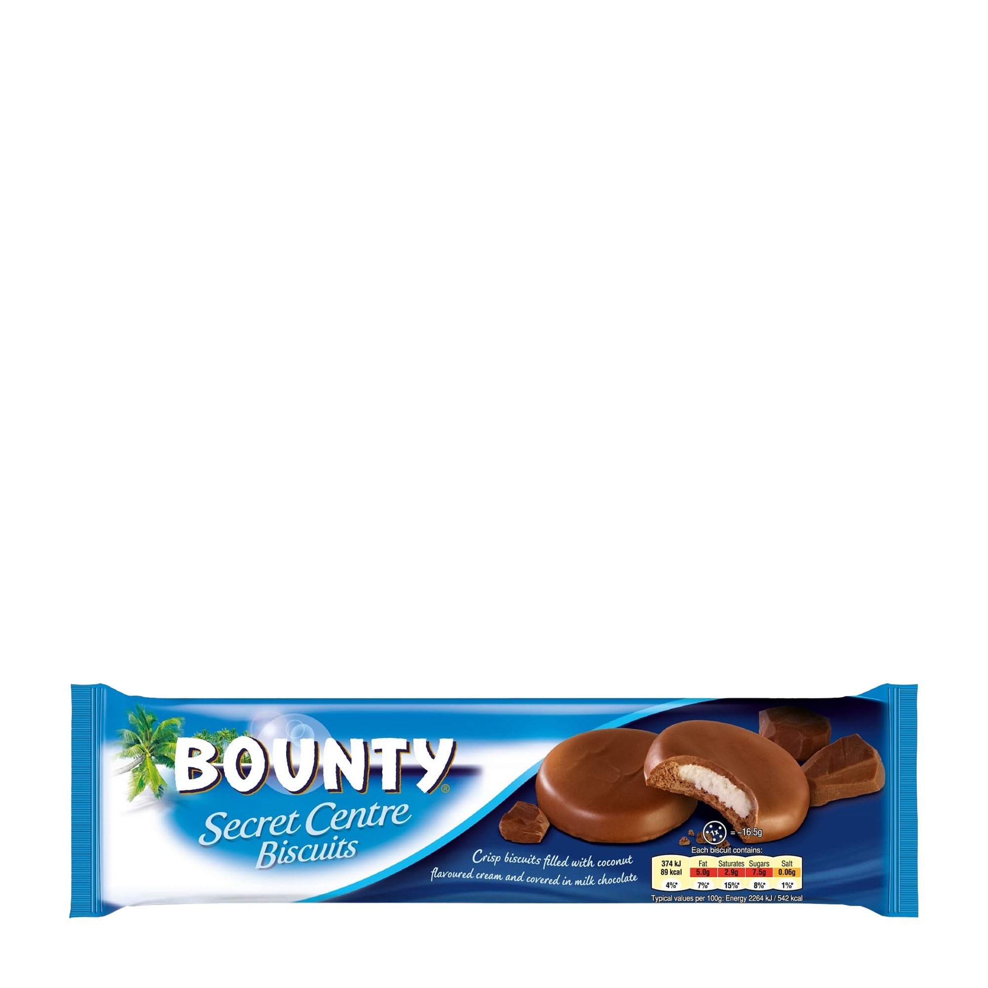 Packaging of Bounty Secret Centre biscuits showing the product name and images of the biscuits coated in milk chocolate.