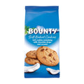 Packaging for Bounty Soft Baked Cookies, showing the product name and images of the cookies with chocolate chips and coconut flakes.