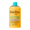 A bottle of Treaclemoon Brazilian Love shower and bath gel with a yellow label and blue cap. The text on the label indicates that it is enriched with guarana extract and made from recycled ocean-bound plastic.