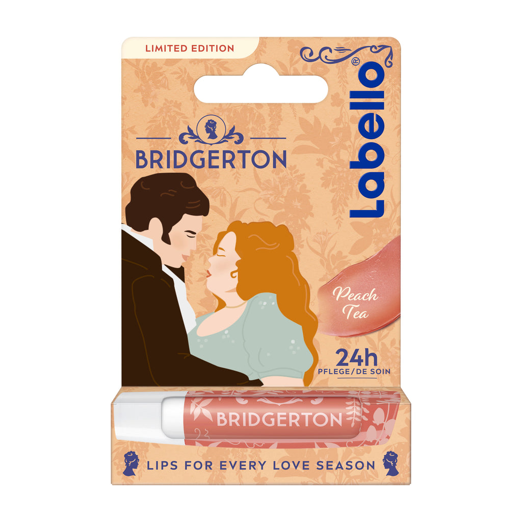 Bridgerton themed Labello Peach Tea lip balm packaging with a white background