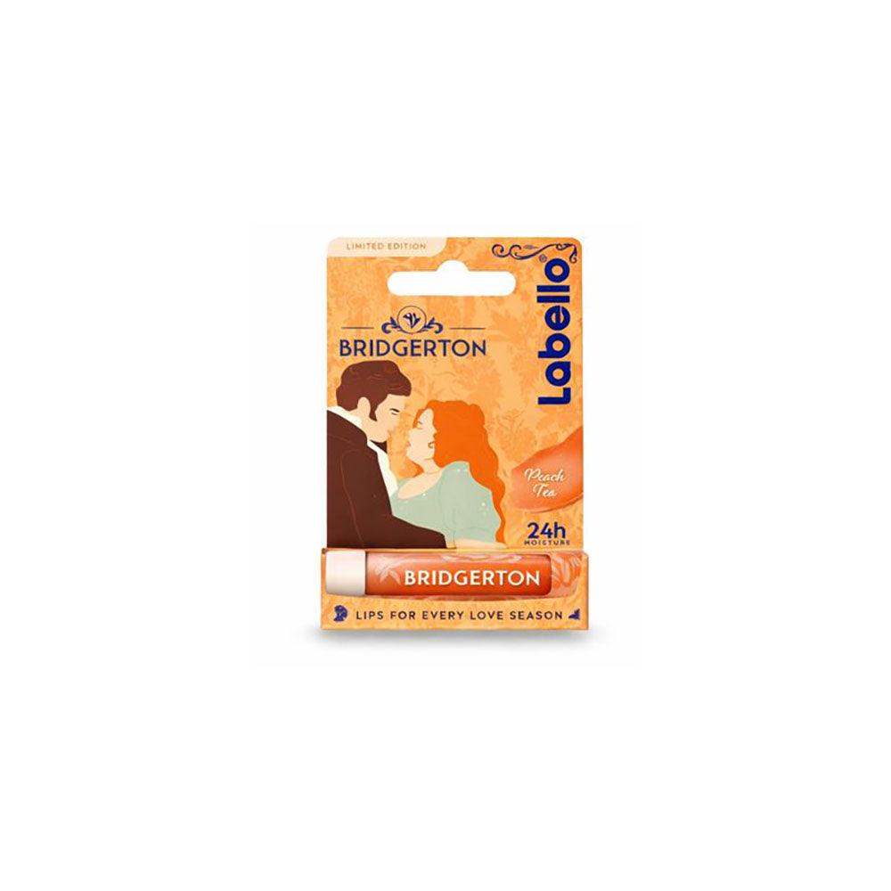 Bridgerton themed Labello Peach Tea lip balm packaging with a white background