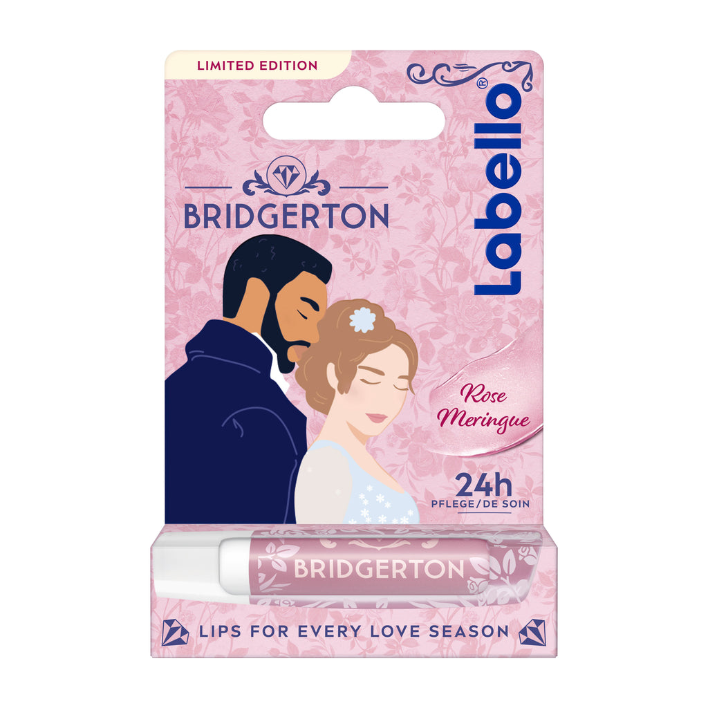 Bridgerton themed Labello Rose Meringue lip balm packaging on a white background