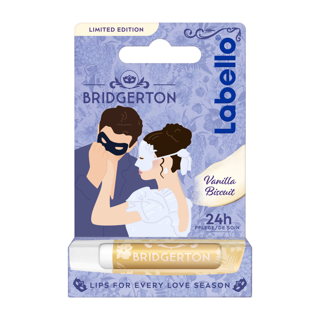 Bridgerton themed Labello Vanilla Biscuit lip balm packaging with a couple illustration on a white background