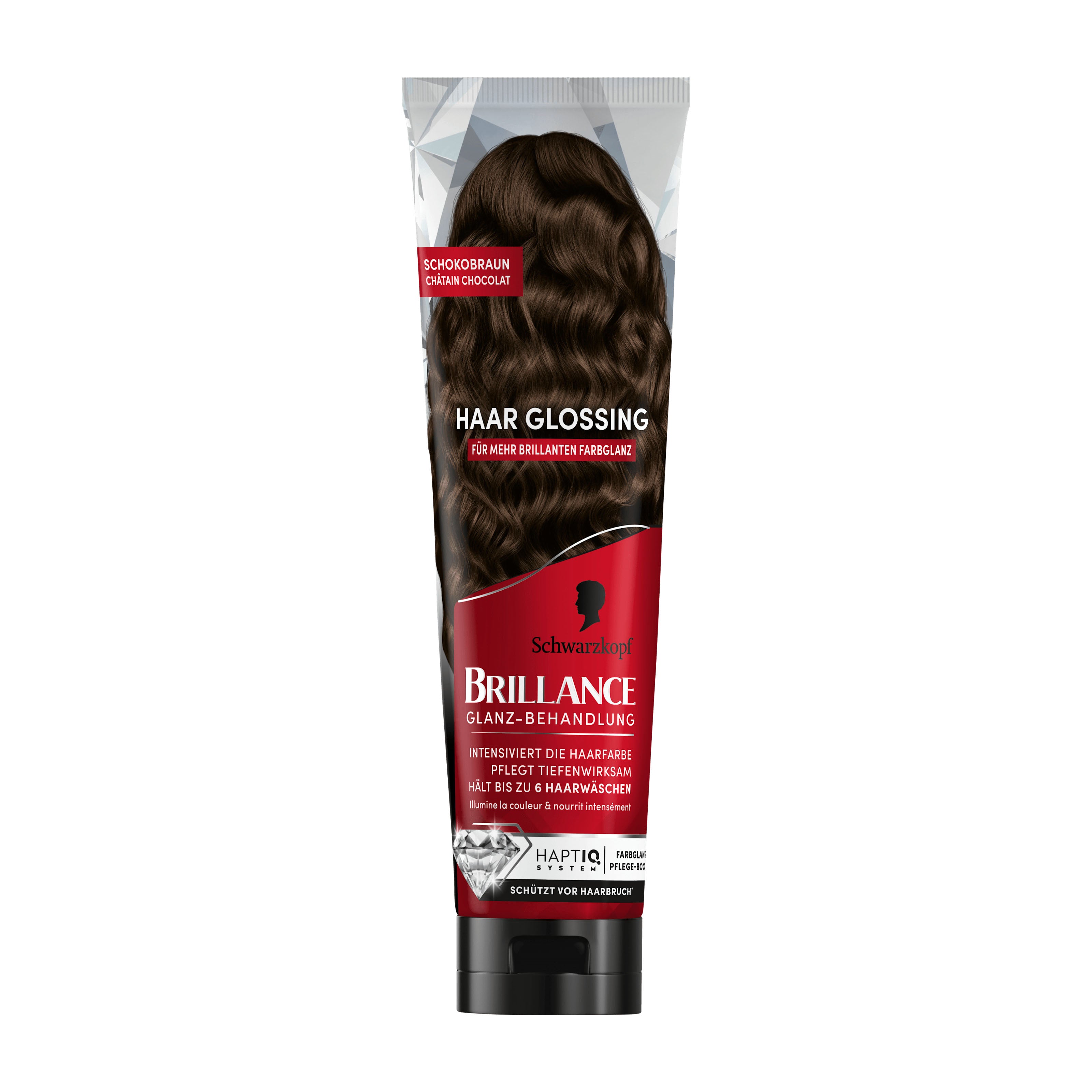 Schwarzkopf Brillance Chocolate Brown color glossing treatment tube on a white background