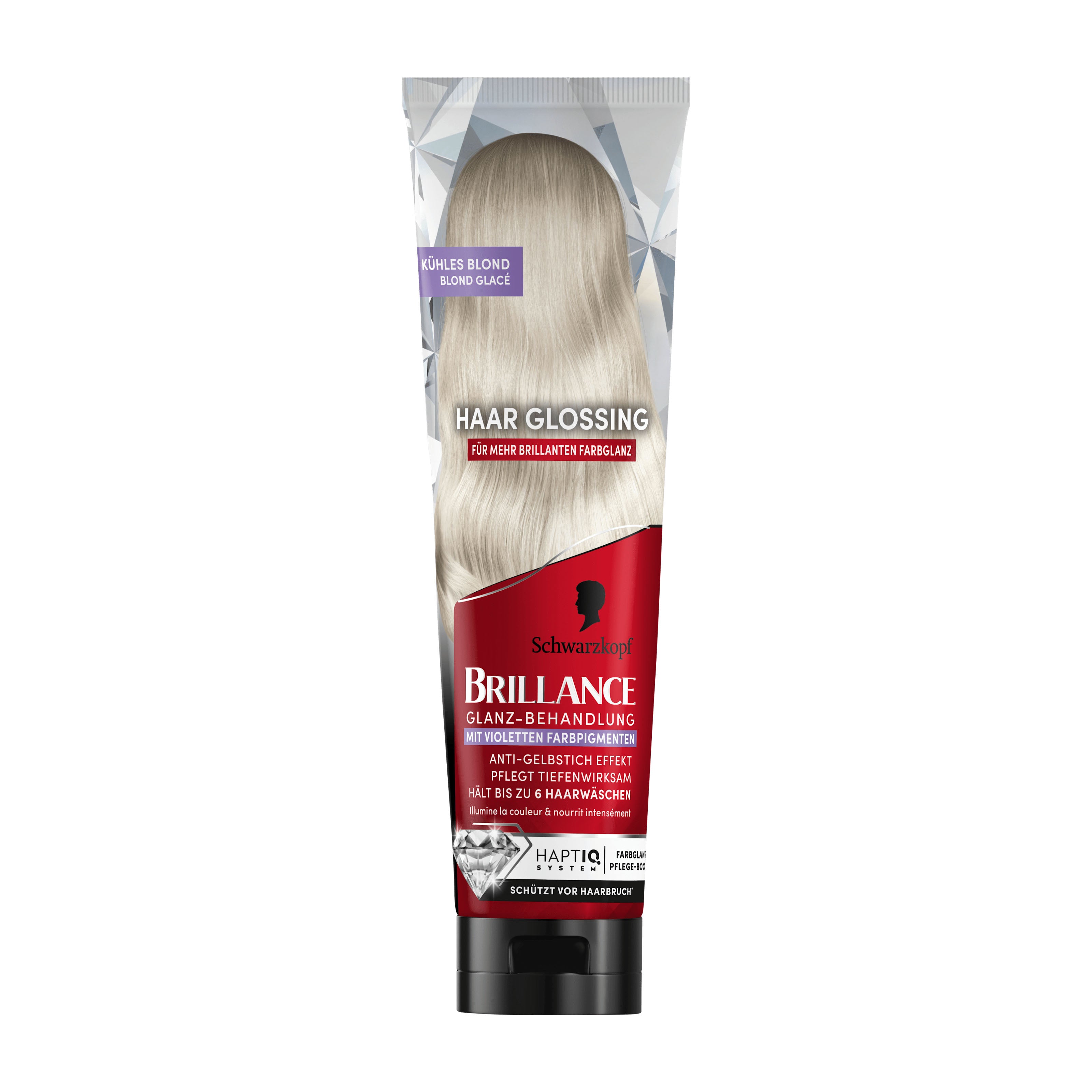 Schwarzkopf Brillance Cool Blonde color gloss treatment tube with blonde hair illustration on a white background