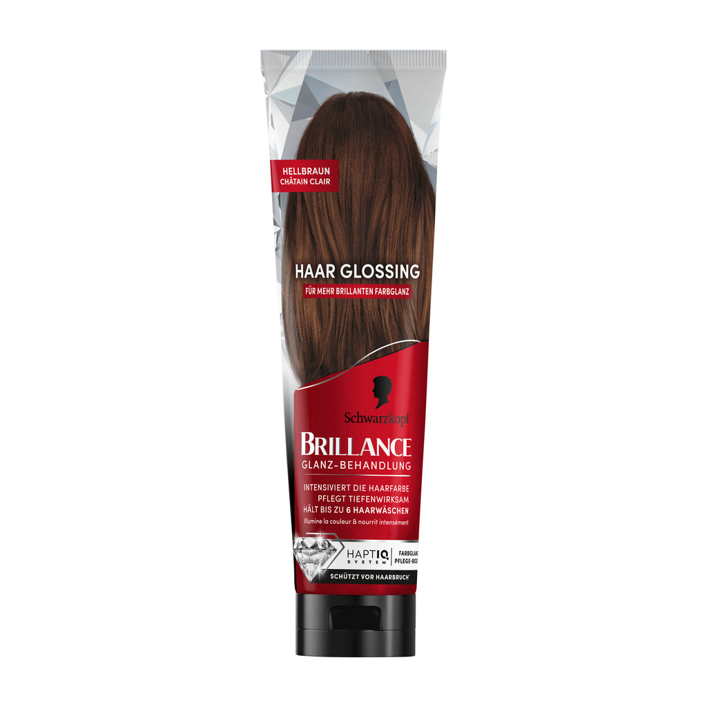 Schwarzkopf Brillance hair glossing treatment with light brown hair sample on a white background