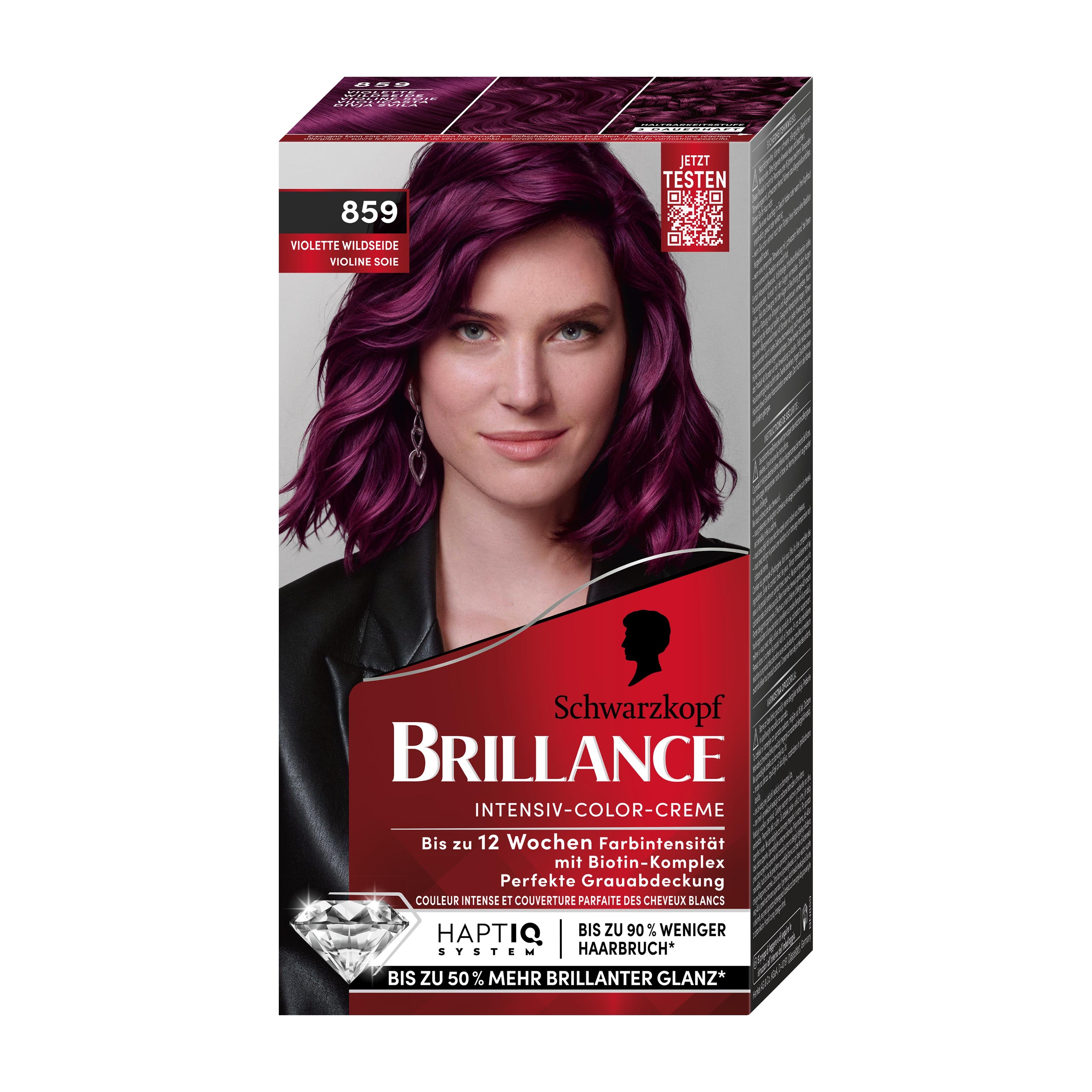 Schwarzkopf Brillance 859 Wild Silk Violet permanent hair color box with a woman's face on it.