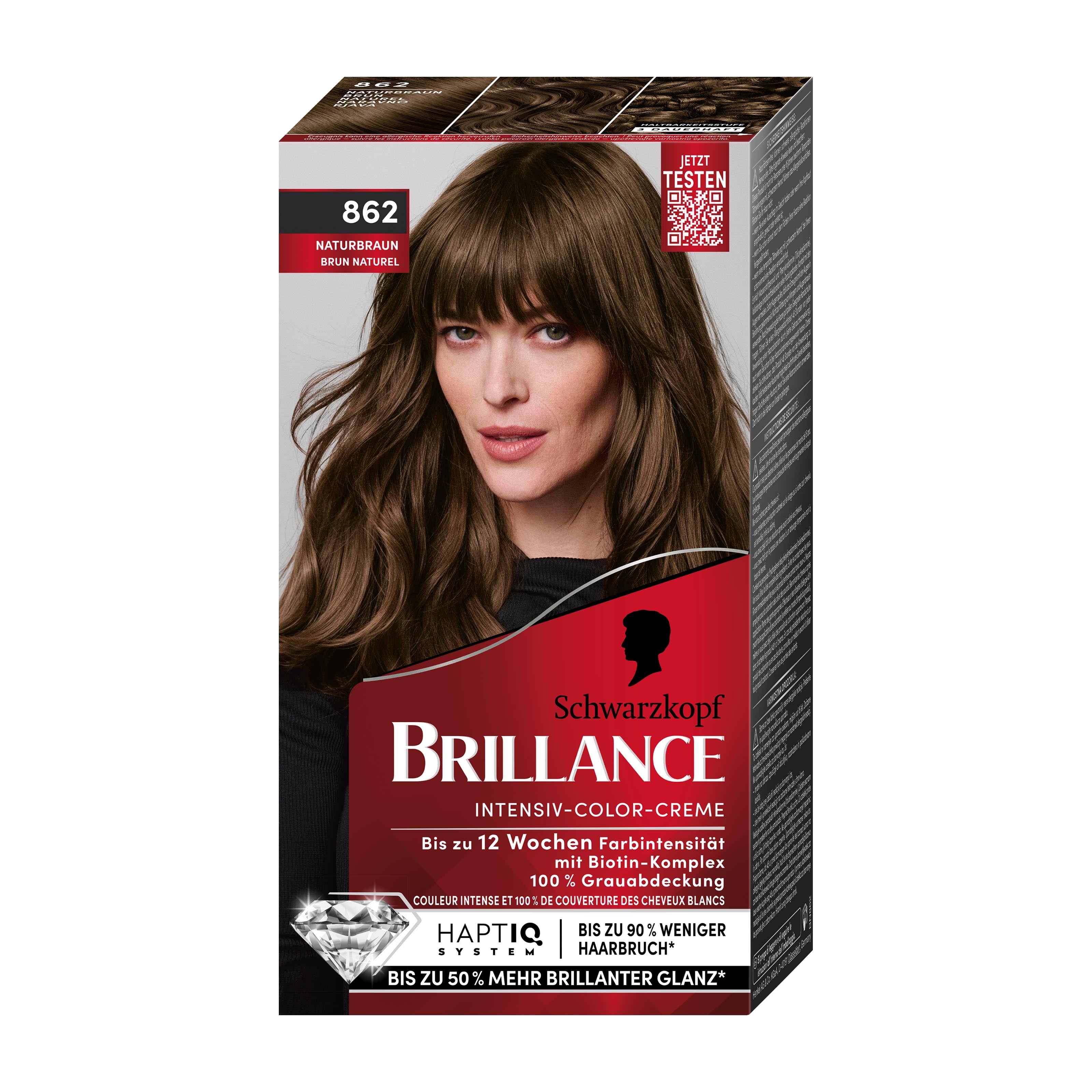 Schwarzkopf Brillance 862 Natural Brown permanent hair color kit packaging with a woman's face on a white background