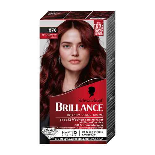 Schwarzkopf Brillance 876 Noble Mahogany permanent hair color kit packaging with a model's face on a white background