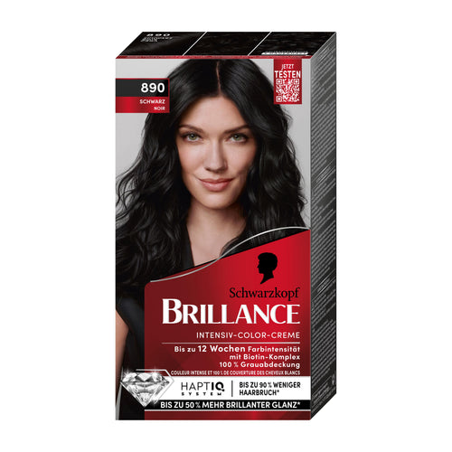 Schwarzkopf Brillance 890 Black permanent hair color packaging with a woman's face on a white background