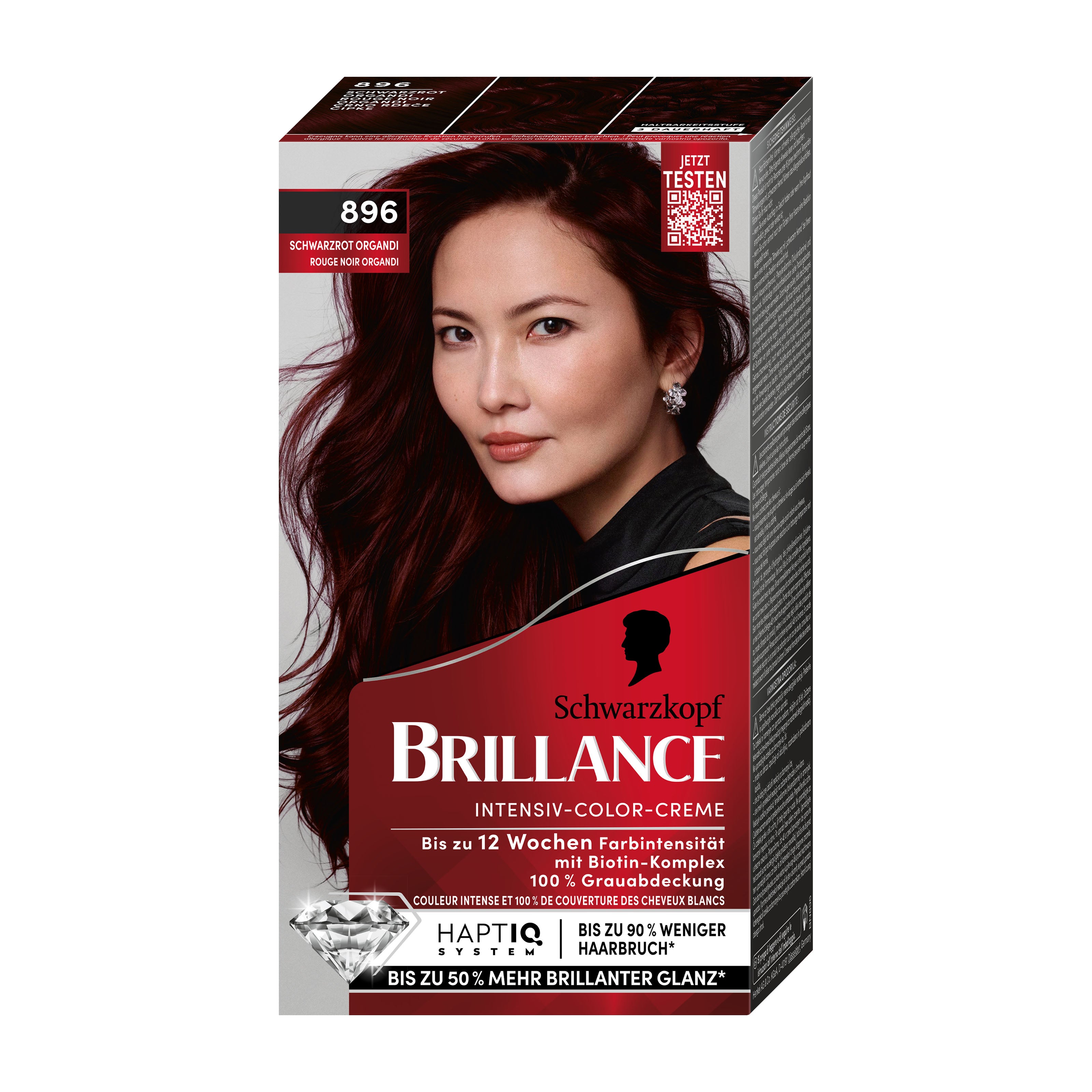Schwarzkopf Brillance 896 Sheer Black-Red permanent hair color packaging with a woman's face on a white background
