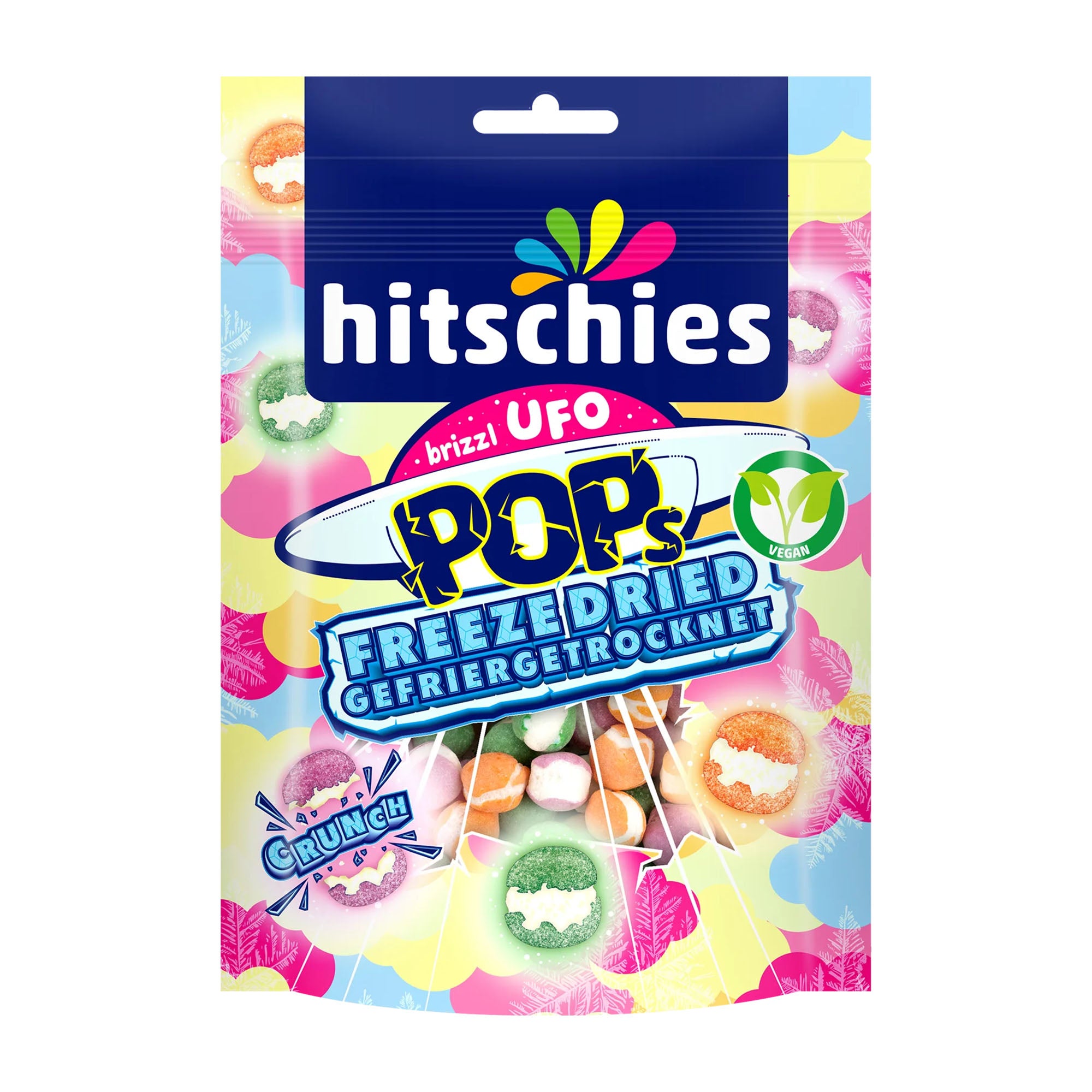 Packaging of hitschies brizzl UFO Pop's freeze-dried chewy candy packaging with colorful design and brand name.