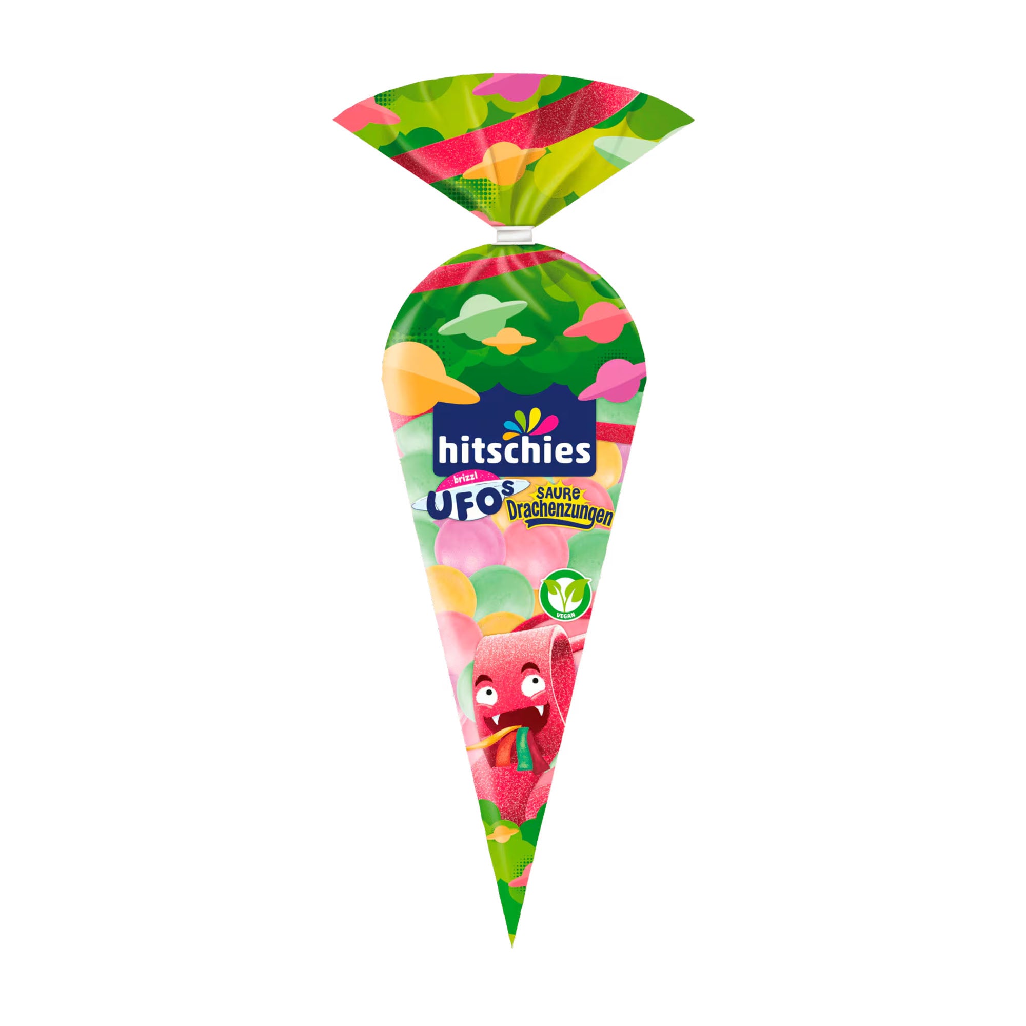 Colorful packaging of hitschies brizzl UFOs Sour Dragon Tongues Wafers with cartoon character on a white background
