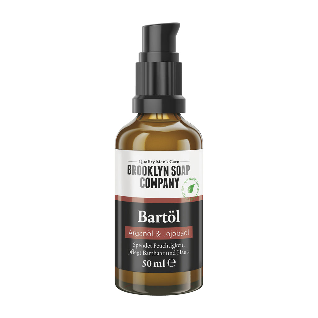 Bottle of Brooklyn Soap Company Beard Oil on a white background