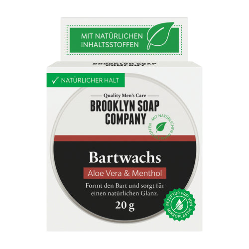 Brooklyn Soap Company beard wax packaging with aloe vera and menthol on a white background
