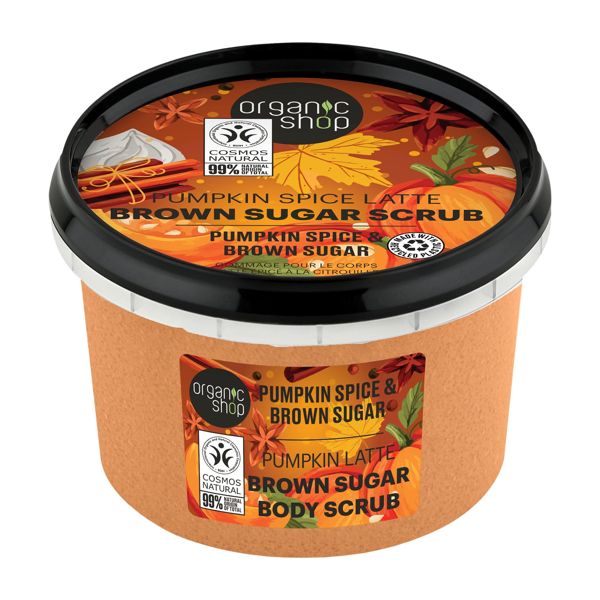Organic Shop Pumpkin Spice Latte Brown Sugar Body Scrub container with decorative label on a white background
