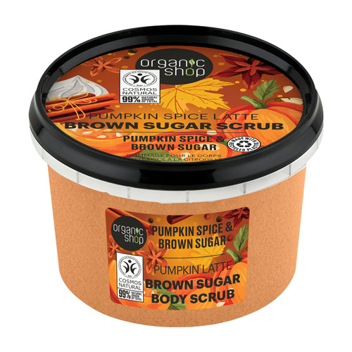 Organic Shop Pumpkin Spice Latte Brown Sugar Body Scrub container with decorative label on a white background