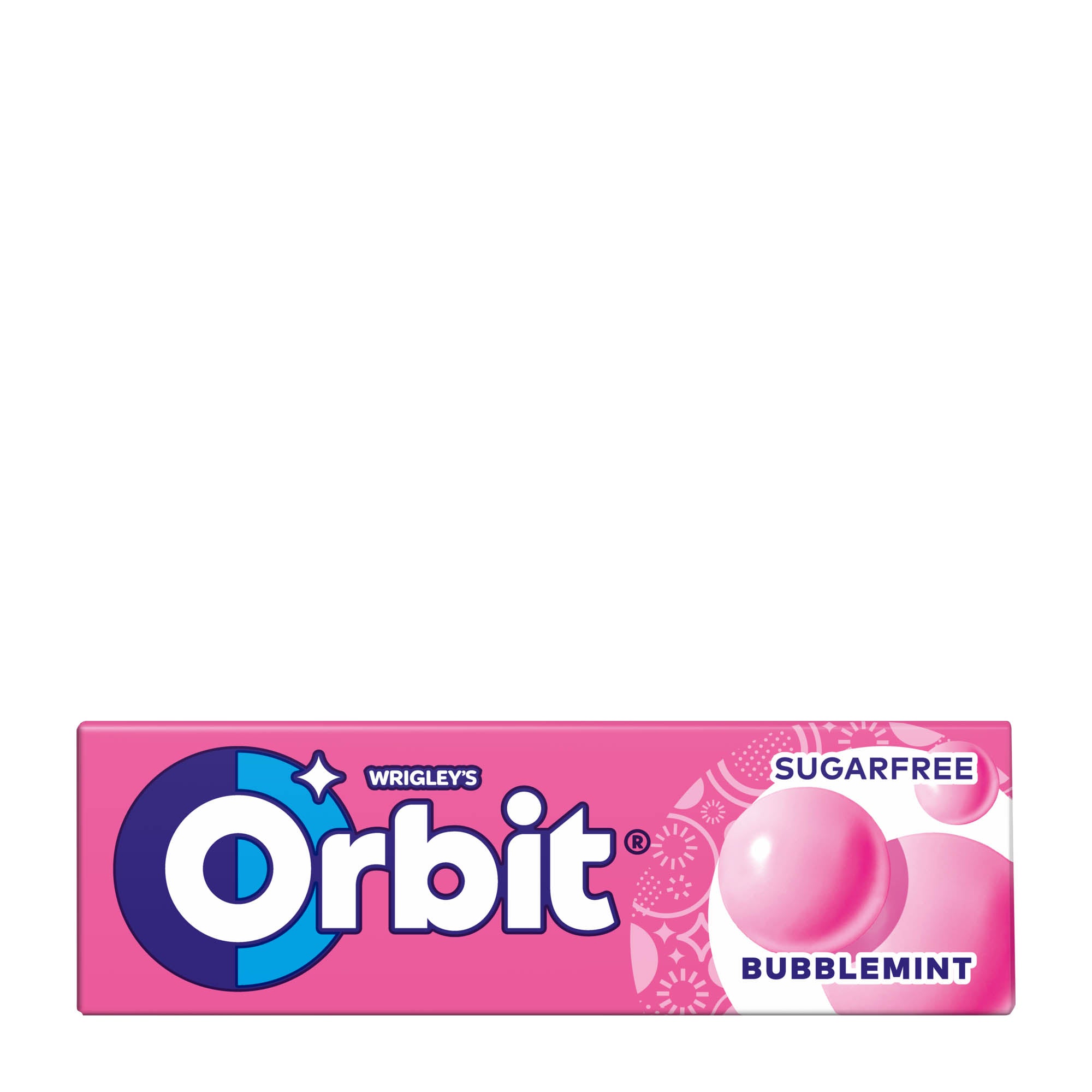 Packaging of Orbit Bubblemint Sugar-Free Chewing Gum, showing the brand logo, product name, and a pink bubblegum image.