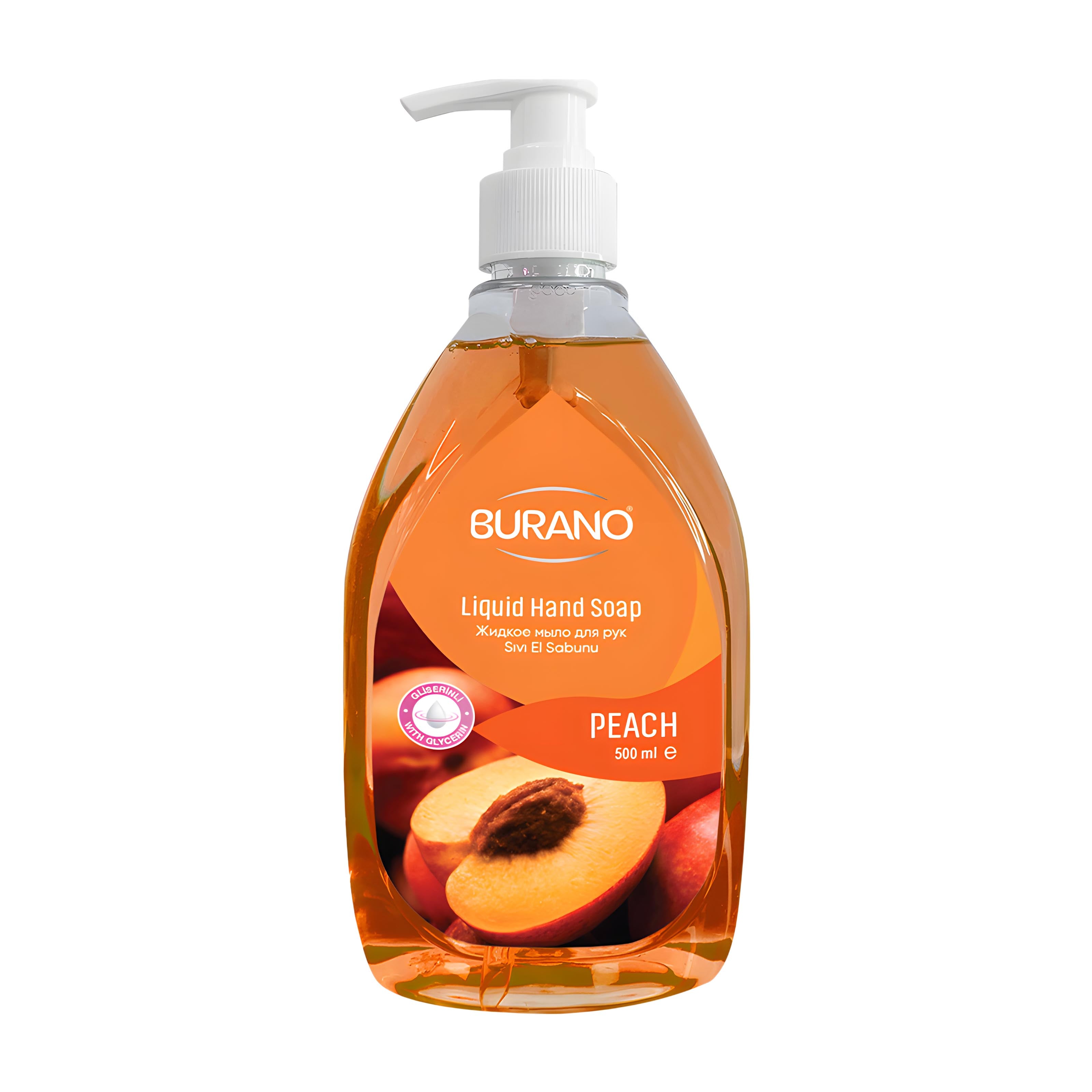 Burano Peach liquid hand soap bottle on a white background