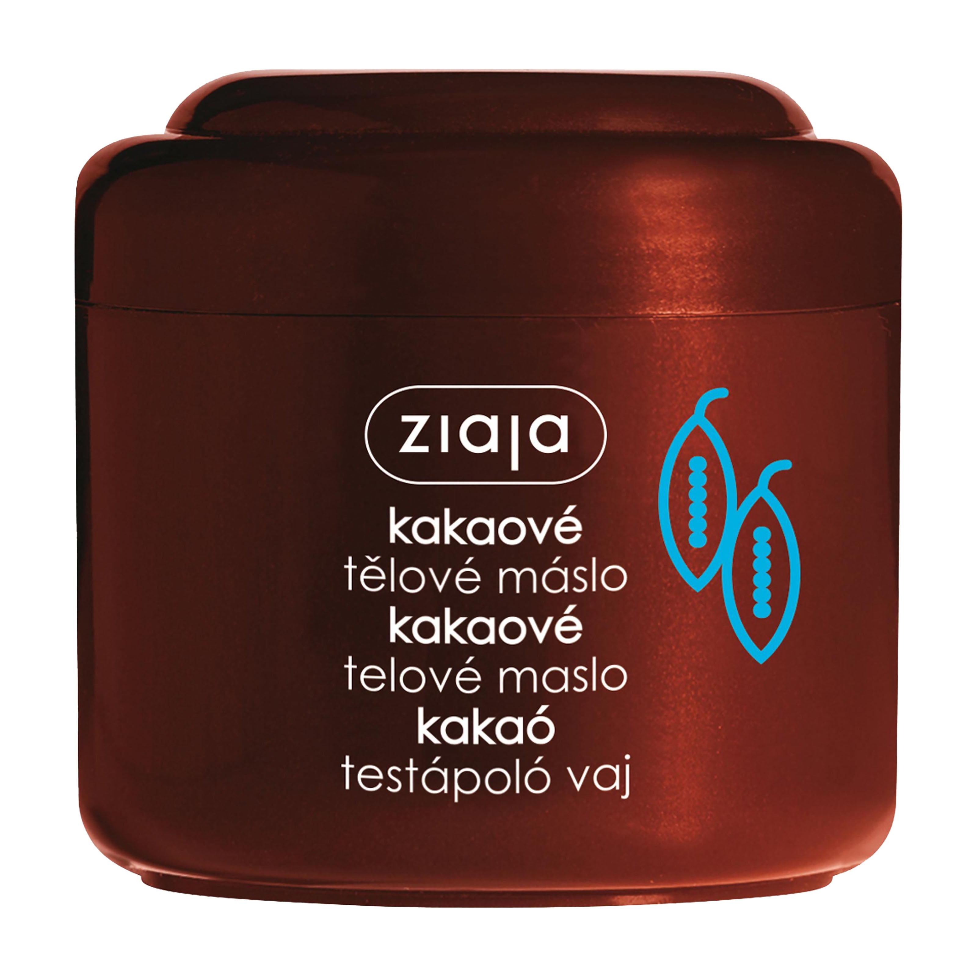 Brown jar of Ziaja cocoa body butter on a white background