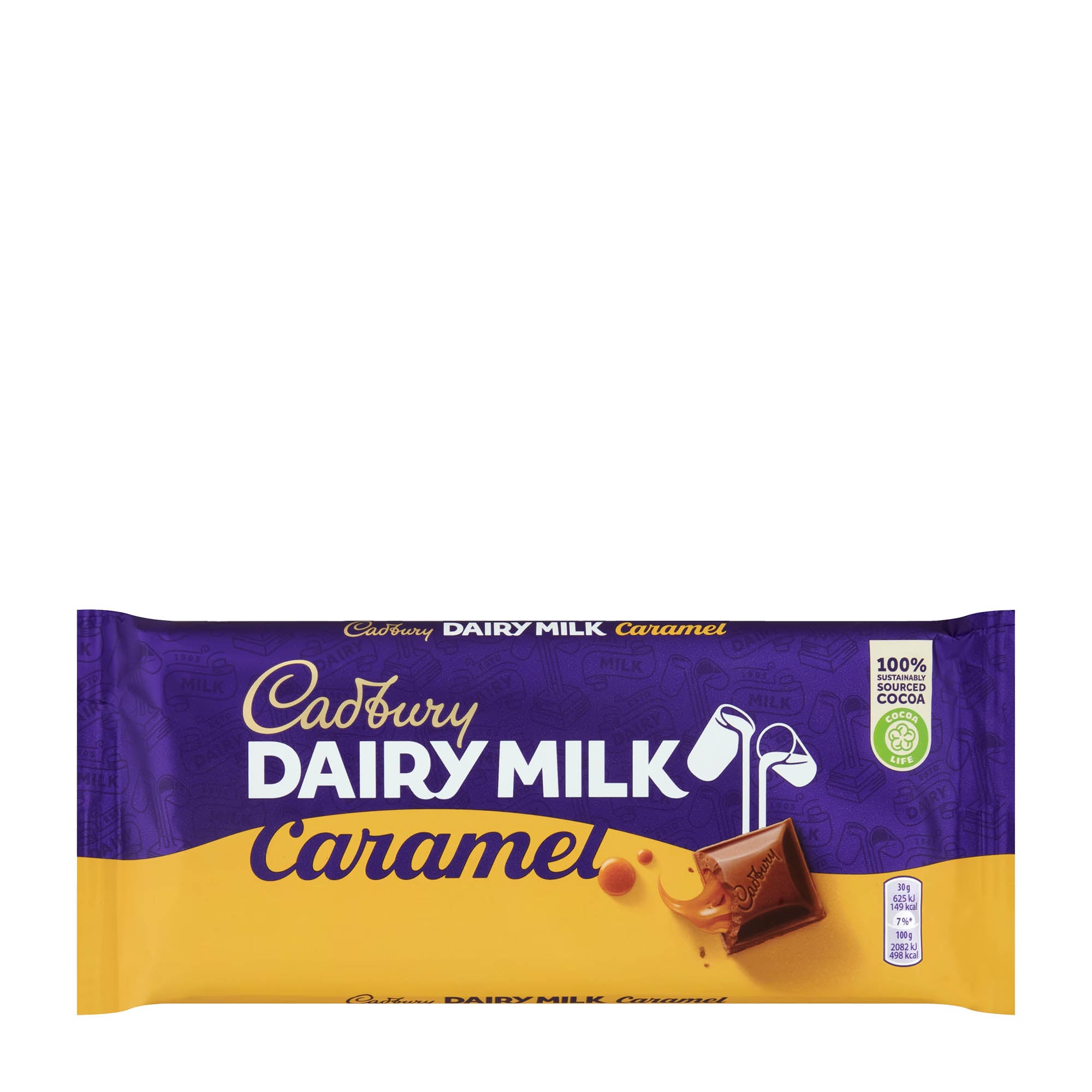 Cadbury Dairy Milk Caramel milk chocolate bar packaging on a white background.