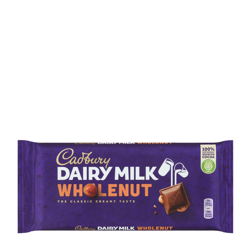 Cadbury Dairy Milk Wholenut milk chocolate bar packaging on a white background