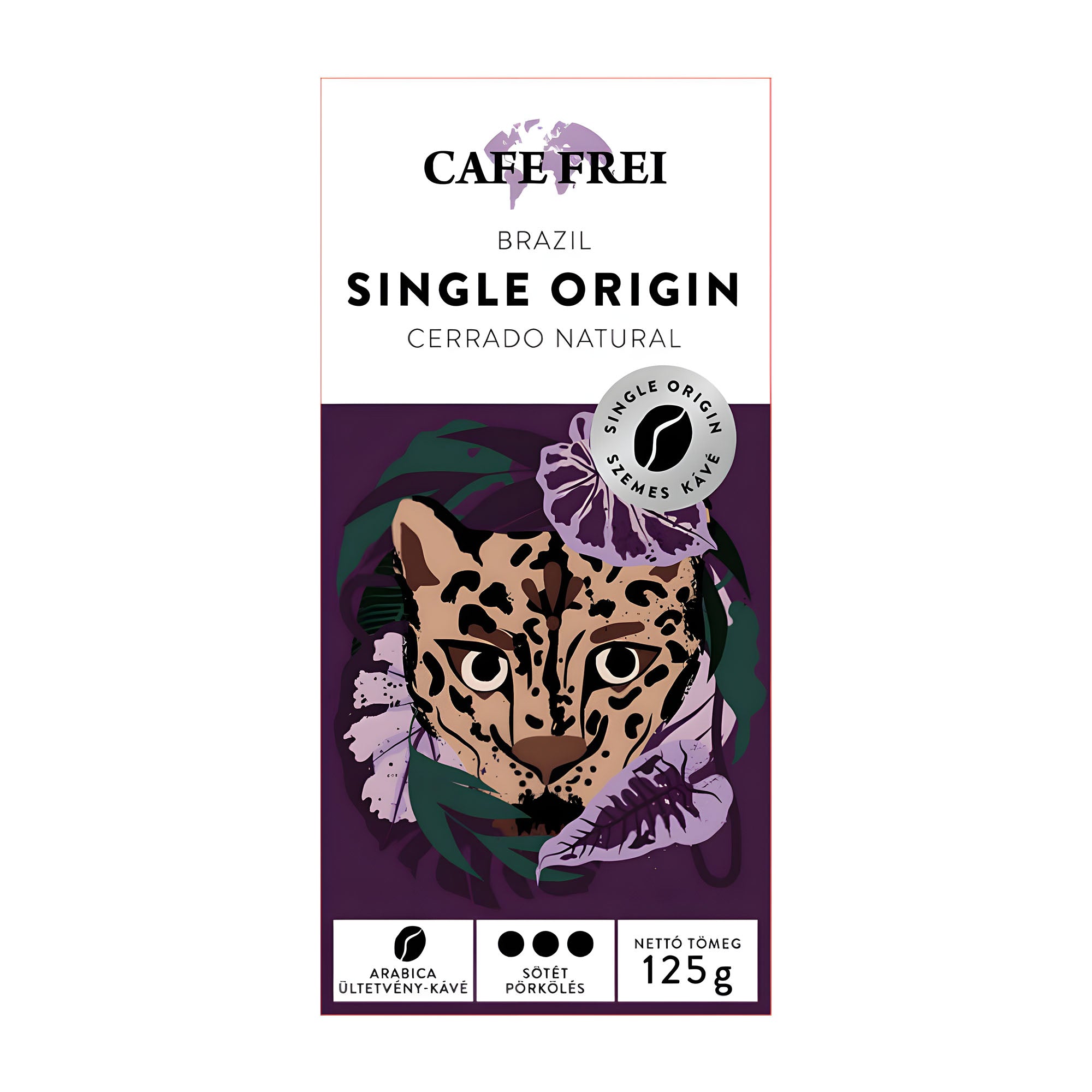 Cafe Frei Brazil Single Origin Cerrado Natural coffee beans package with a leopard illustration on a white background