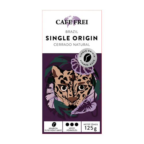 Cafe Frei Brazil Single Origin Cerrado Natural coffee beans package with a leopard illustration on a white background