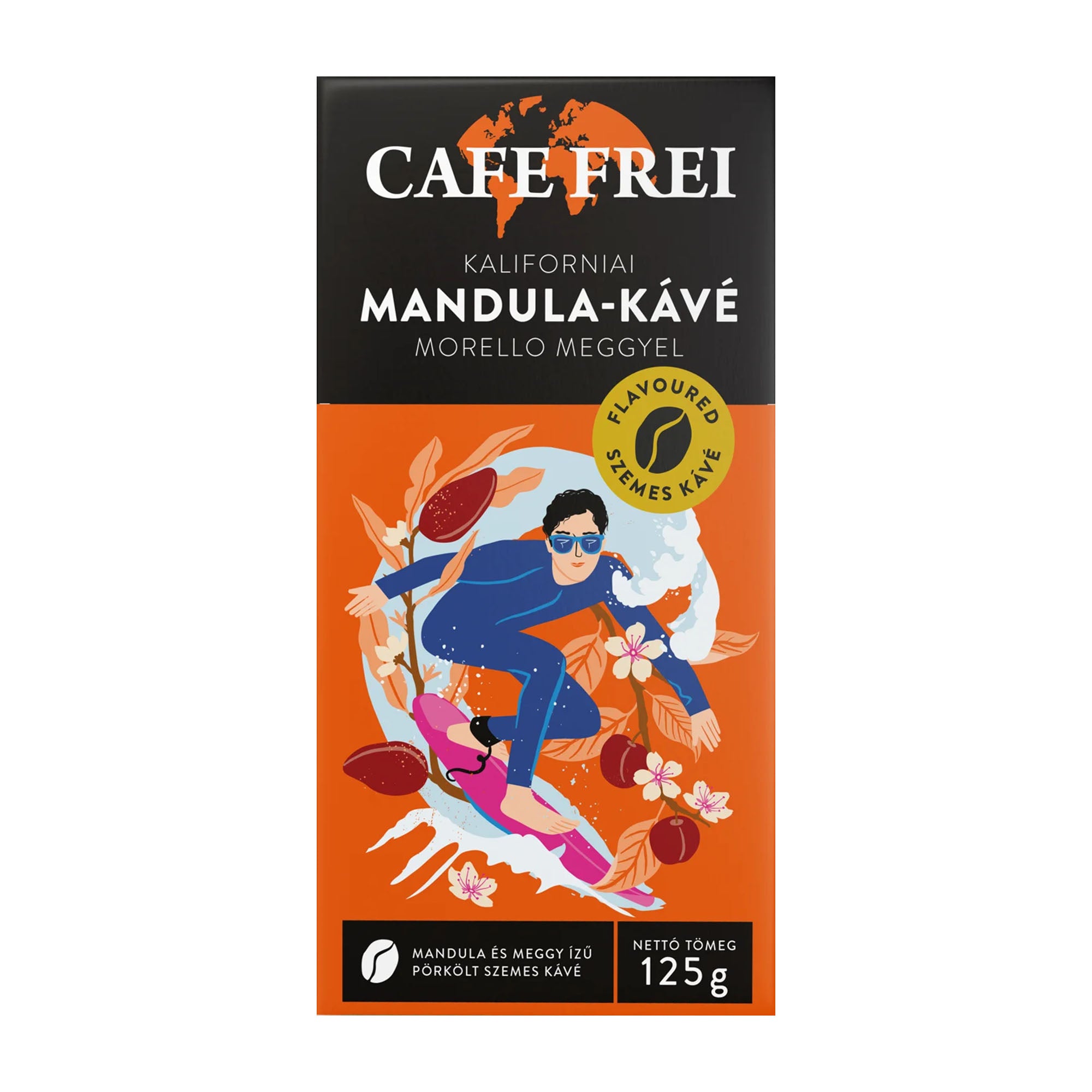 Cafe Frei coffee capsules packaging with an illustration of a person on a surfboard.