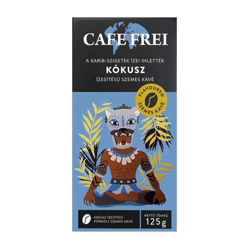 Cafe Frei Caribbean Coconut coffee beans package with a character design on a blue background