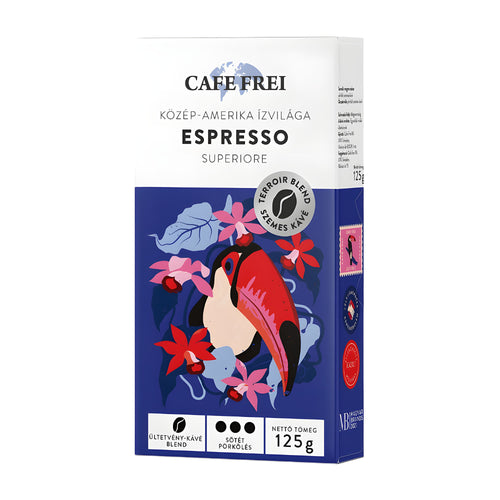 Cafe Frei Central American Espresso Superiore coffee beans packaging on a white background.