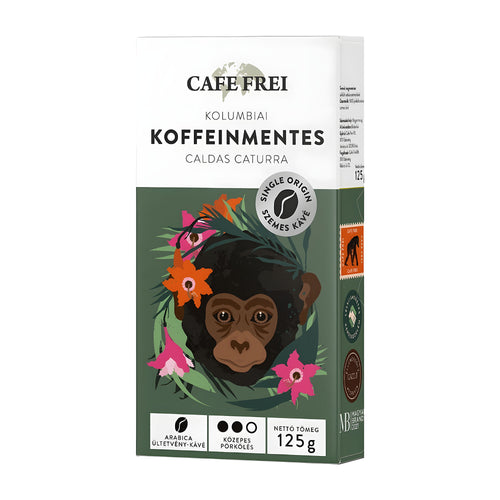 Cafe Frei Colombia Decaffeinated Caldas Caturra coffee beans packaging on a white background