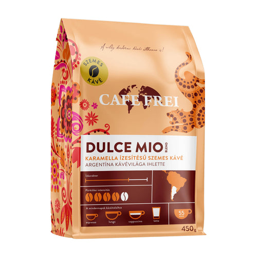 Coffee beans bag with 'Cafe Frei' branding and 'Dulce Mio Caramel' flavor on a white background
