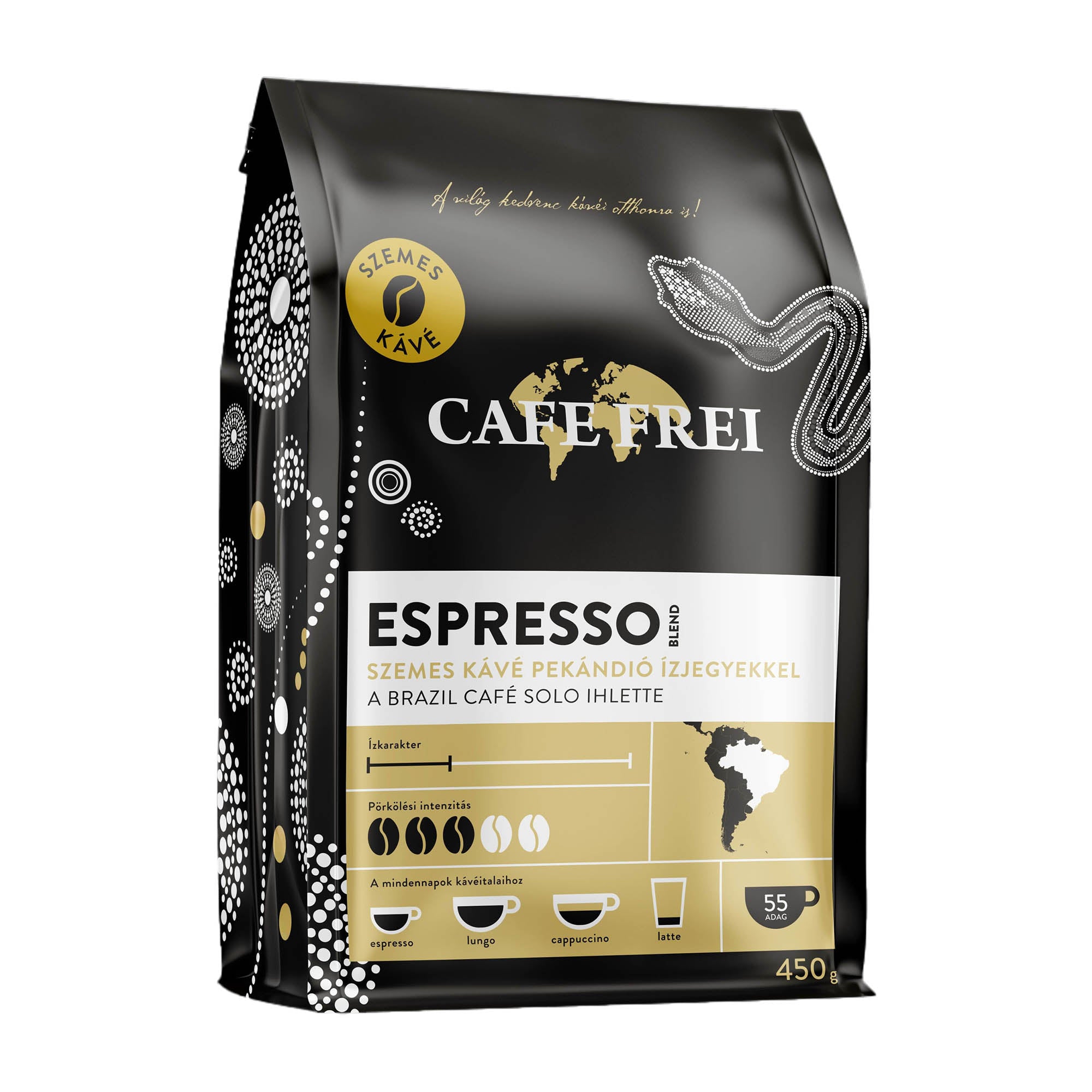 Cafe Frei Espresso Pecan coffee beans bag with black and gold design on a white background