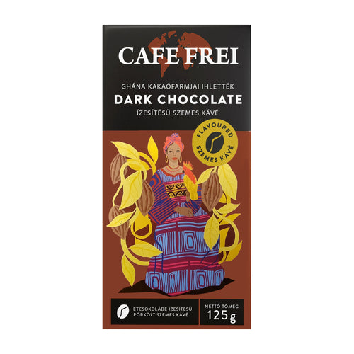 Cafe Frei Ghanaian Dark Chocolate Coffee Beans packaging on a white background.