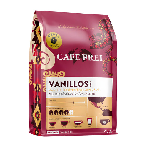 Cafe Frei Vanillos Vanilla coffee beans package with decorative elements on a white background