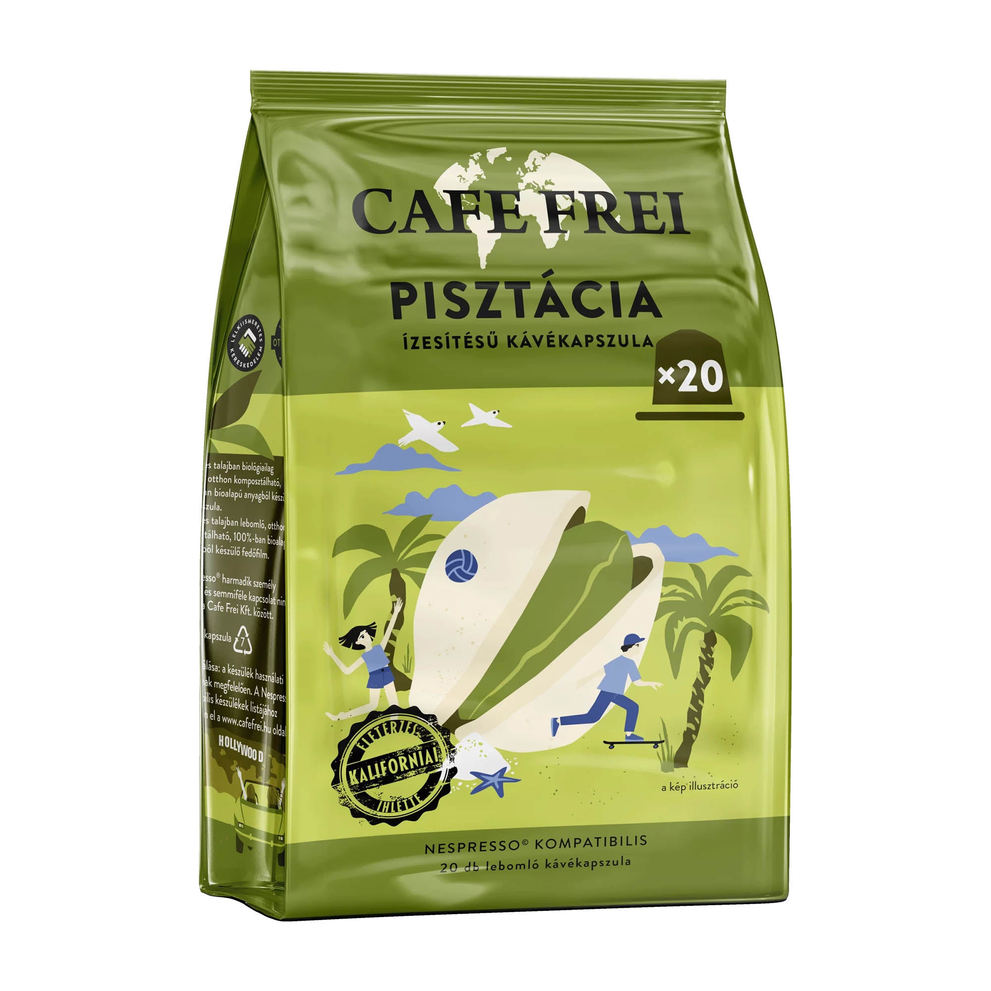 Green coffee capsule packaging for Cafe Frei California Pistachio on a white background