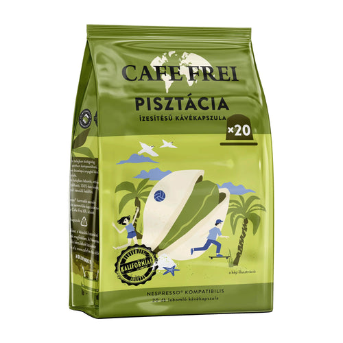 Green coffee capsule packaging for Cafe Frei California Pistachio on a white background