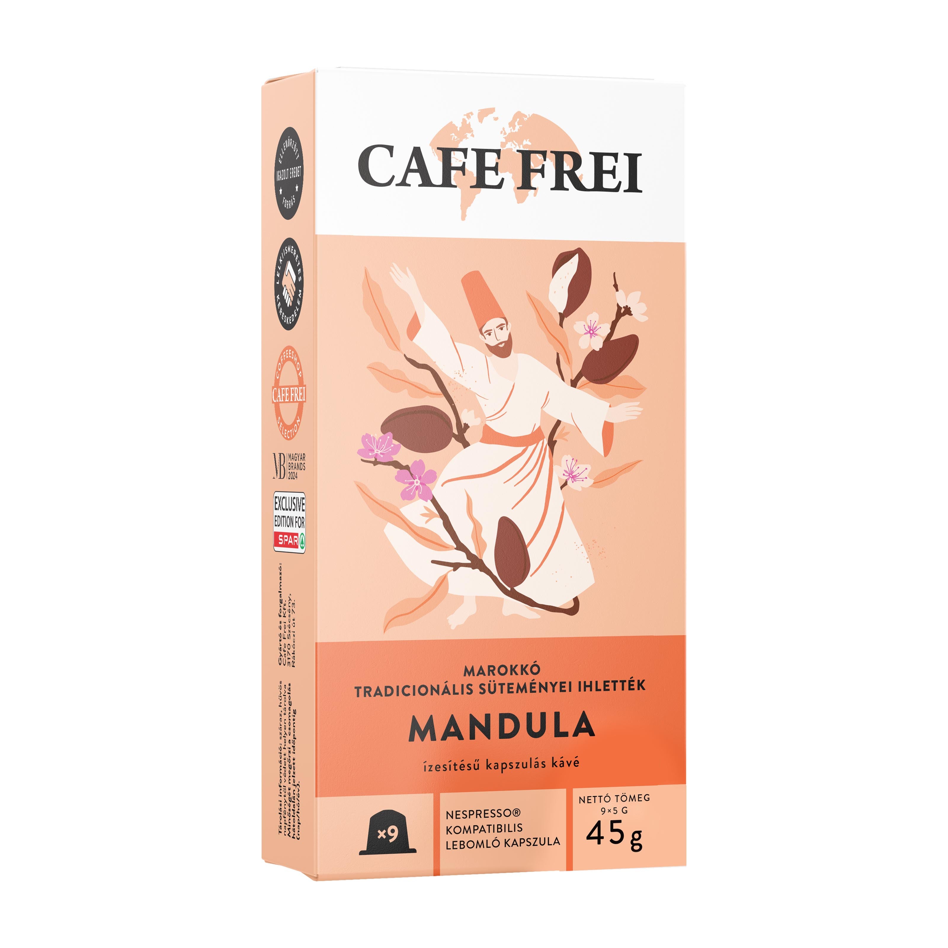 Cafe Frei Moroccan Almond coffee capsule packaging with artistic design on a white background