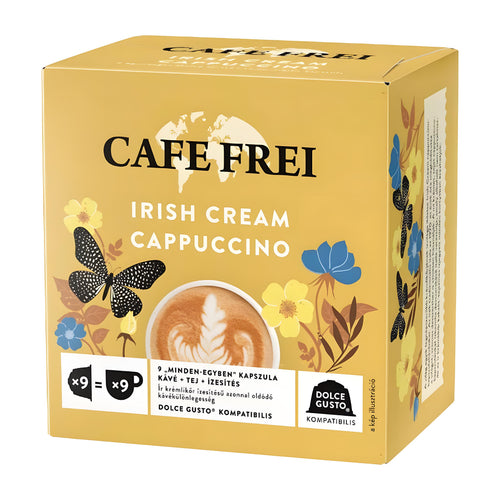 Cafe Frei Irish Cream Cappuccino dolce gusto coffee capsules with floral design on a yellow background
